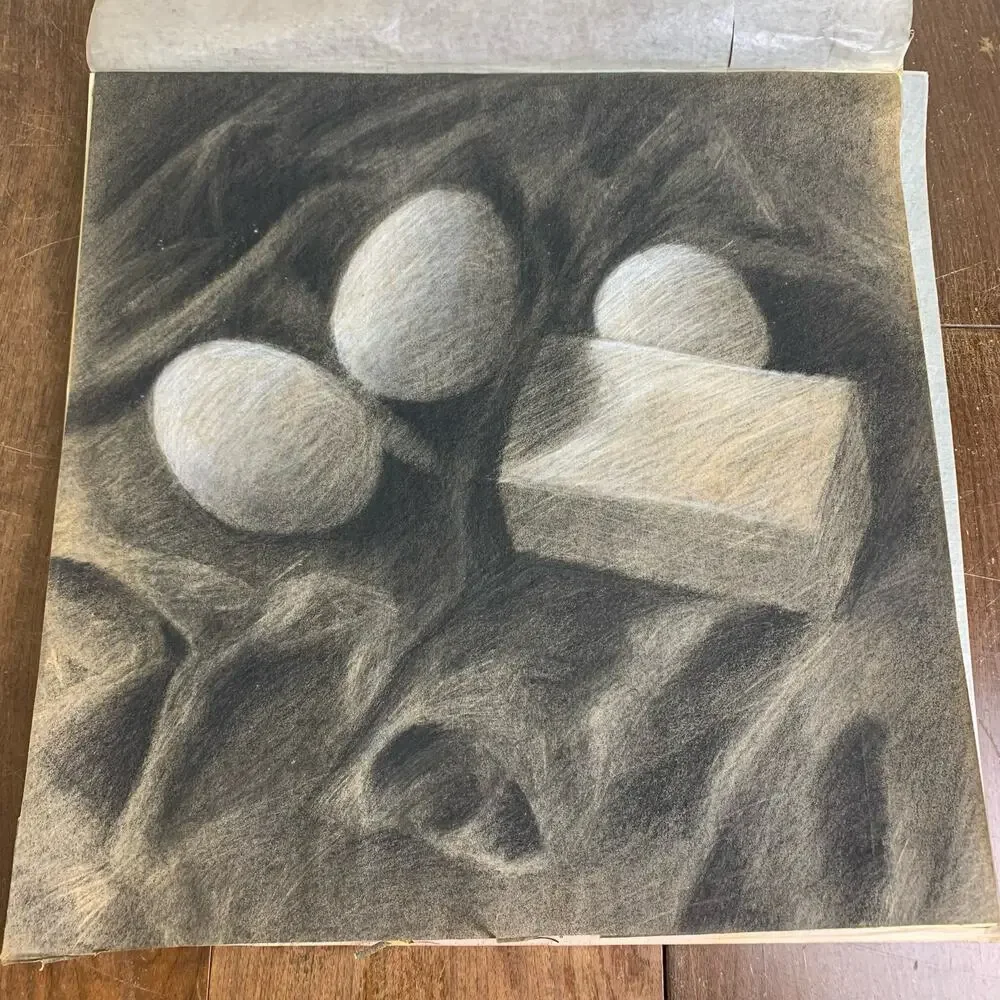 Set of 3 VINTAGE 60s‎ 70s Original Artist Signed Charcoal still life art 20 x 20